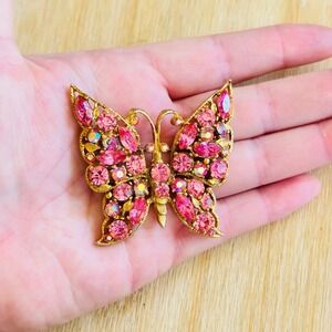 Whimsical Butterfly Rhinestone Brooch Pin VTG Pink Gold Aurora Borealis Gold 60s